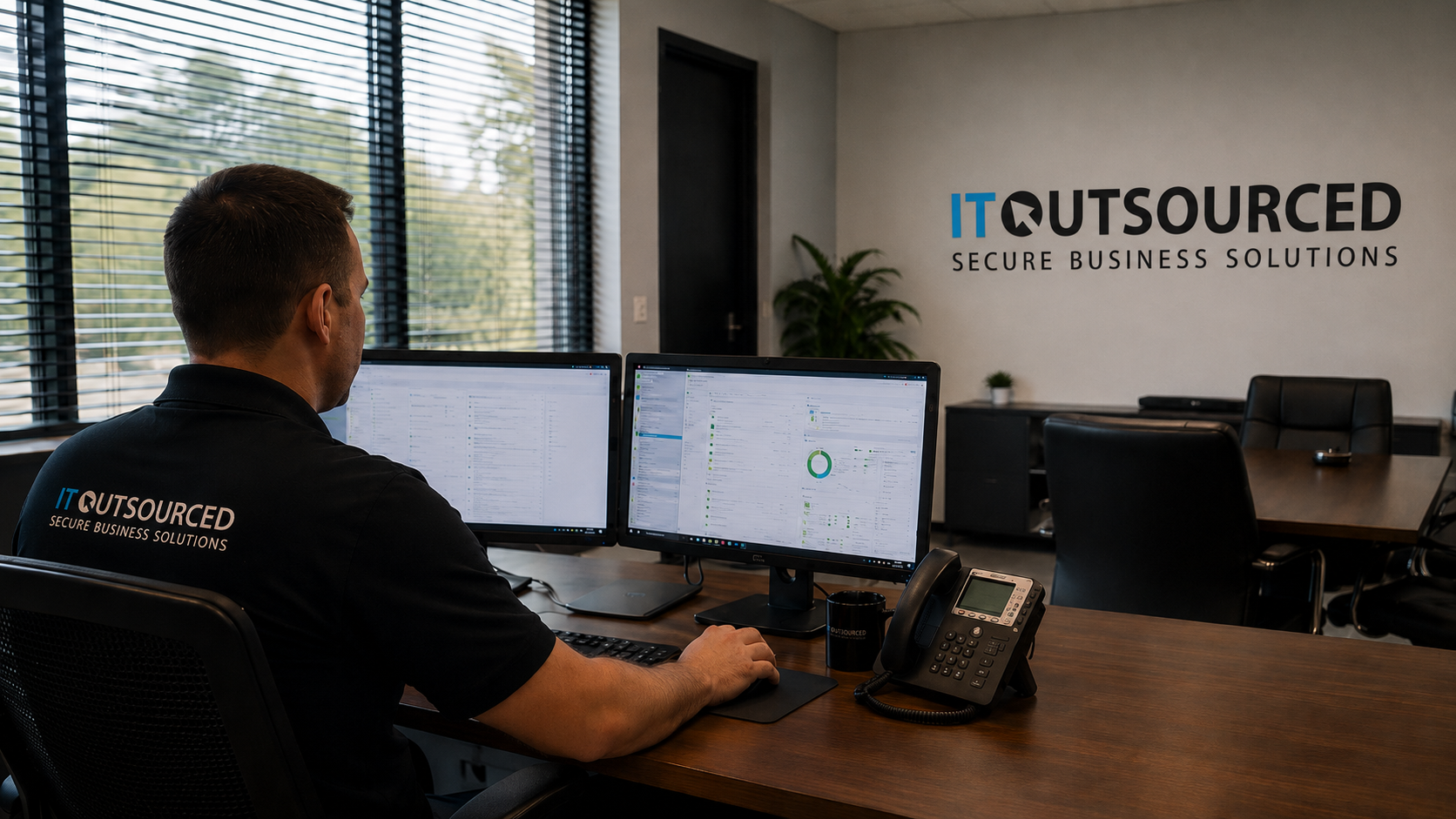 IT Outsourced technician monitoring business systems at a dual-screen workstation in a Durban office