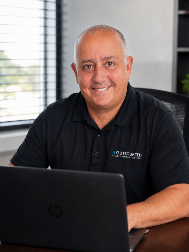 Robbie Loumeau, founder of IT Outsourced, seated at a desk with a laptop in his Durban office