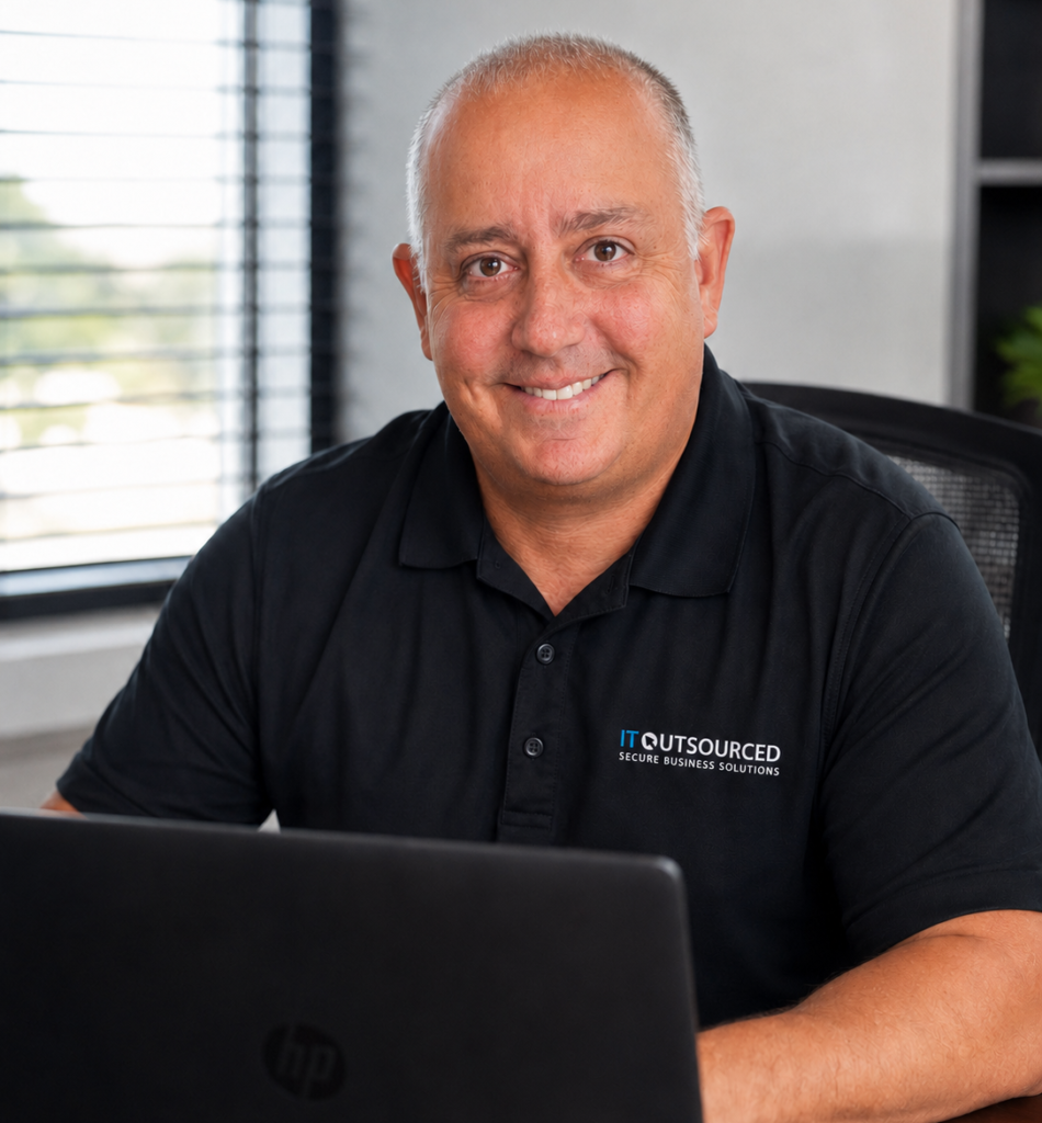 Robbie Loumeau, founder of IT Outsourced, seated at a desk with a laptop in his Durban office